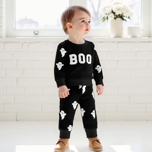 Toddler Boy Girl Halloween Outfit Embroidery Boo Crewneck Sweatshirt Ghost Pants Set Baby Fall Winter oversize Clothes3