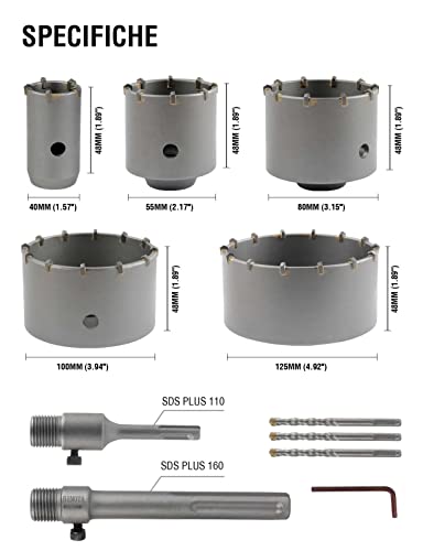Binota Concrete Hole Saw, Kit 40 65 80 100 125 Mm, Arbor Sds Plus 110Mm And Sds Max 160Mm, For Cement Wall Brick Sands Stone Sable-Rock Self-Leveling #TOP2