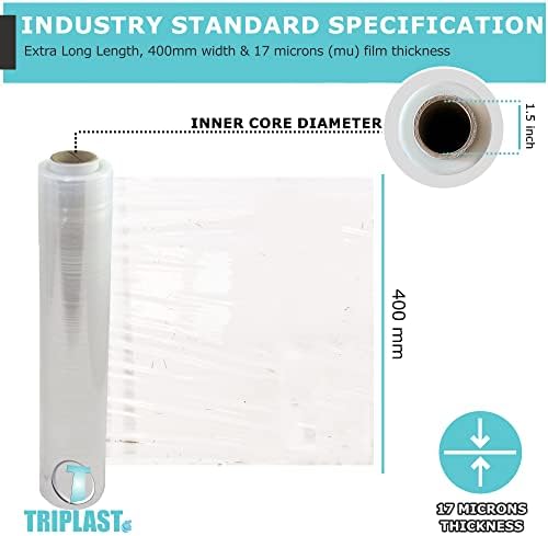 Triplast 2 Rolls x 400mm Clear Pallet Stretch Wrap | Extra Long Roll, Standard Core, 17mu Thick | Shrink Wrap, Cling Film, Plastic Wrap | Packaging for Removals, Industrial & Warehouse Use
