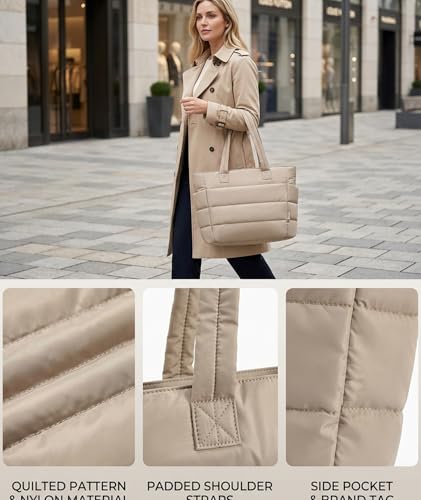 Image of Tote Bag for Women, Lightweight Puffy Quilted Shoulder Bag with Multiple Compartments, Travel Work Gym, Everyday Tote | Lightweight, Puffy Quilted, Multi-Compartment, Versatile, Comfortable (Khaki)