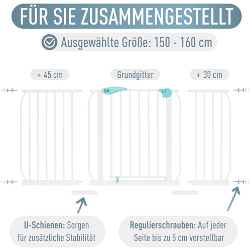 IB STYLE Türschutzgitter Berrin 150-160 cm, Treppengitter für Babys, Treppenschutzgitter ohne Bohren, Türgitter zum Klemmen, Kindergitter, Weiß Türkis