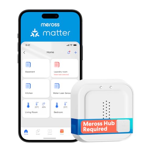 Meross WIFI Sensore Acqua, Hub richiesto, Rilevamento 0,3 mm, fino a 100dB