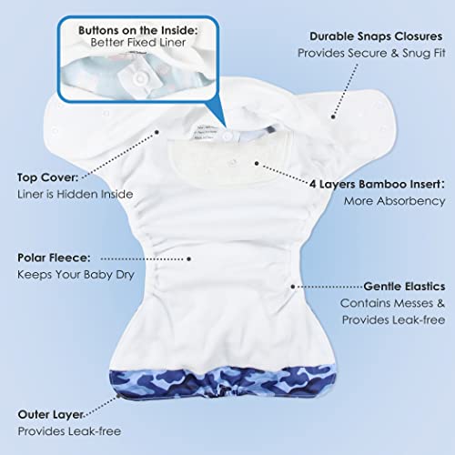 Wegreeco Washable Reusable Baby Cloth Pocket Diapers 5 Pack + 5 Bamboo Inserts (Camo & Plaid) One Size #TOP2