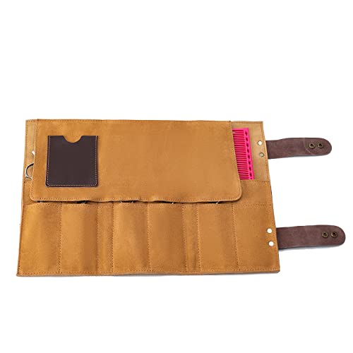 Image of Hair Stylist Scissor Holder Pouch Cases for Hairdressers, Real Leather Scissor Roll Up Bag, Salon Tools Organizer for Barber Hairdresser (V-001-Beige)