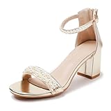 WOJWSKI Women's Heels Sandals for Women Open Toe Fashion Pearls Platform Heeled Sandals Ankle Strap Block Chunky Low Heel Pump Sandals Party Wedding Dress Shoes(38Gold2-M7)