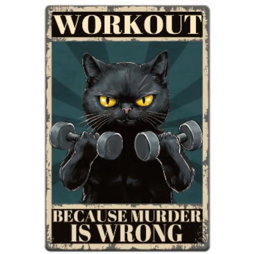 SUPERDANT Blechschild Mit Schwarzer Katze Cat Blechschilder Retro Work Out Blechschilder Fitnessstudio Metallwandtafeln Lustige Metallschilder Wandkunst Dekor Für Schlafzimmer Wohnzimmer Männerhöhle