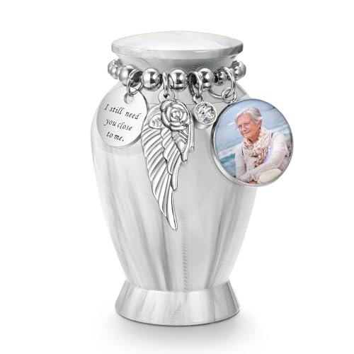 Dletay Personalized Small Urns for Human Ashes Keepsake 2.85 Inch Mini Cremation Urns for Mom Dad Aluminum Photo Sharing Urns-Marble White