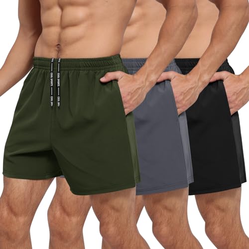 BOOJO 3 Pack Men's Gym Athletic Shorts - 5" Quick Dry Running Workout Shorts with Zipper Pockets for Casual Basketball