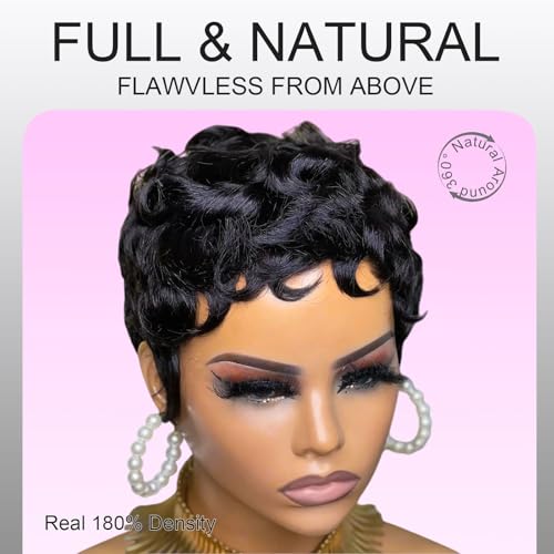 Pink Planet Pixie Cut Wigs Human Hair for Black Women Short Pixie Cut Wigs Lightweight Glueless Natural Black Layered 100% Real Human Hair Wig (025-1B)