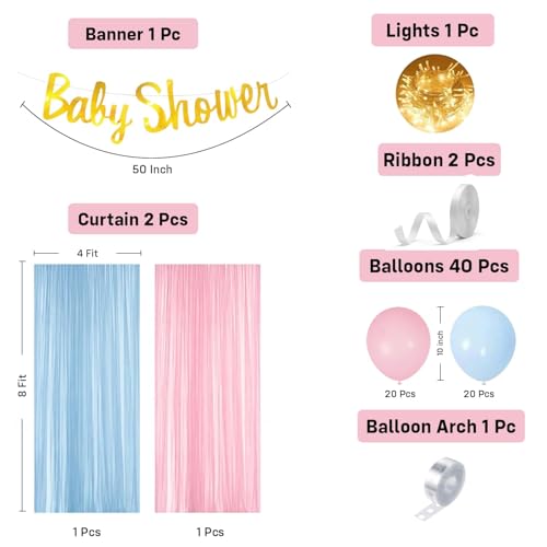 Image of Party Propz Baby Shower Backdrop Decoration - 47 Pcs Baby Shower Decorations Kit with Banner, Light, Backdrop Curtain, Balloon Decoration Kit, Mom to Be (Net, Latex)