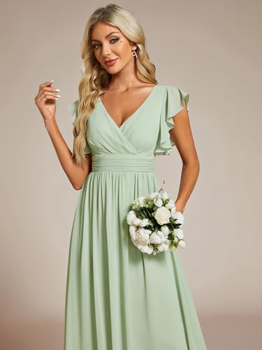 Ever-Pretty Abendkleid Lang Elegant für Hochzeit V-Ausschnitt A-Linie Ballkleider Damen Neckholder Brautjungferkleider Chiffon Minzgrün 38
