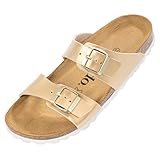 SCHUHE Palado Damen Pantoletten Samos - Schuhe mit verstellbaren Riemen - Outdoor & Hausschuhe mit Sohle aus feinstem Veloursleder - Sandalen mit Natur Kork-Fußbett Metallic Gold 37 EU