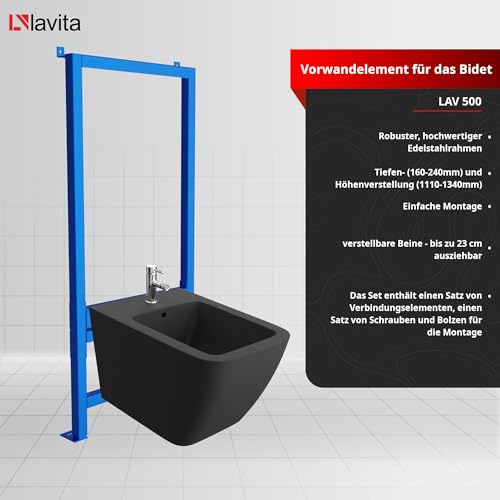 LAVITA Vorwandelement für Bidet LAV 500 + Wand-Bidet Onil Black Komplettset Wand-Hänge Bidet mit Hahnloch und Überlaufschutz aus Keramik WC Toilette Hygienisch und Pflegeleicht 35,5x51x32,5 cm – Bild 4