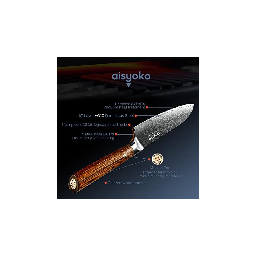 aisyoko Santoku Knife 5 inches-Japan VG-10 Super Steel 67 Layer Damascus Steel-Sharp Kitchen Knife-Luxury Gift Box with Colored Wooden Handle-With Scabbard