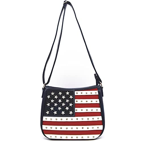 Image of WESTERN ORIGIN American Flag Stars and Stripes Studs Crossbody Handbag USA Patriotic Women Purse Leather Single Shoulder Bag