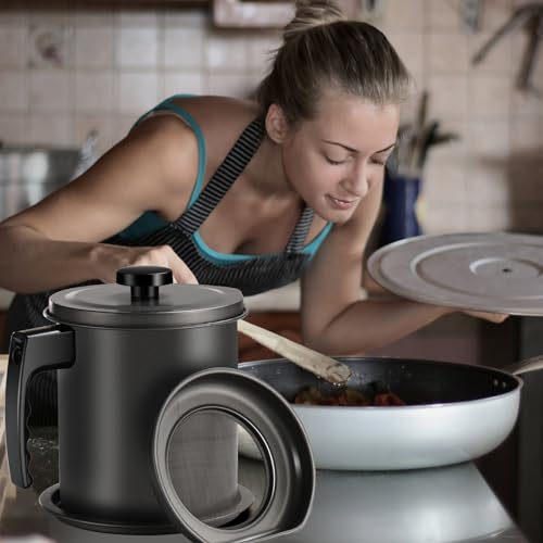 Cambom Bacon Grease Container with Fine Mesh Strainer, 1.6L almost 7 Full Cups Iron Cooking Oil Can with Removable a Coaster Tray for Kitchen Fat Storage Black by Cambom - Image 6