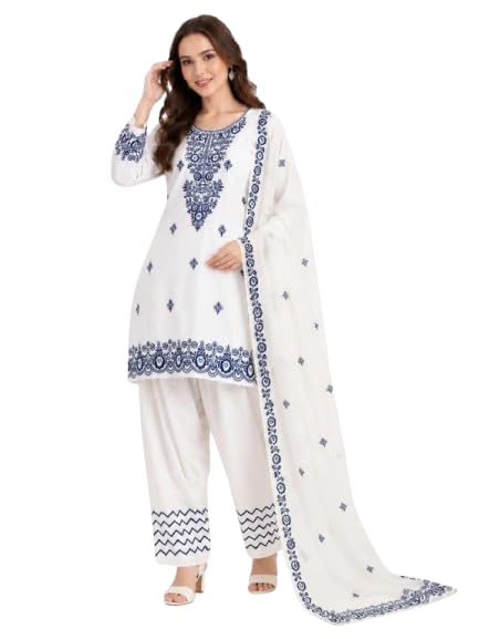 Women’s White & Blue Russian Satin 3 Piece Kurta Suit Set with Lace Work | Ethnic Kurta Palazzo & Dupatta Set for Festive, Party, Wedding and Traditional Fit-picture-51