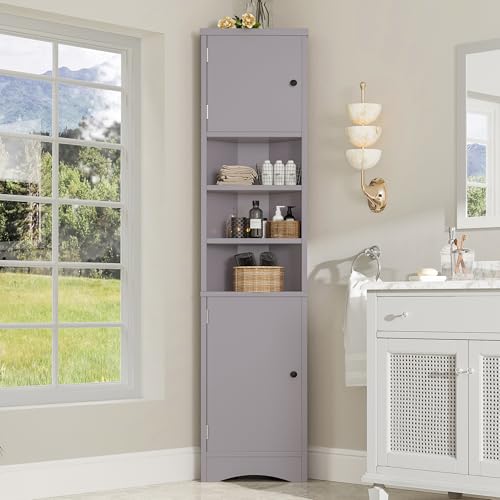 Merax Armoire d'angle haute - Armoire de salle de bain triangulaire - Peinture résistante - Trois compartiments ouverts - Double porte - Étagères réglables - Gris - 36,5 x