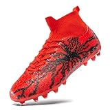 HRJR Kids Soccer Cleats Boys Girls Training Football Cleats Youth High-top Soccer Shoes for Little/Big Professional Athletic Outdoor Football Shoes Red 2.5 Big Kid