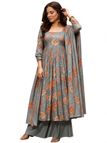ANNI Designer Women's Viscose Blend Umbrella Printed Kurta with Palazzo and Dupatta (MAHAKANTA Grey_L_Grey_Large)