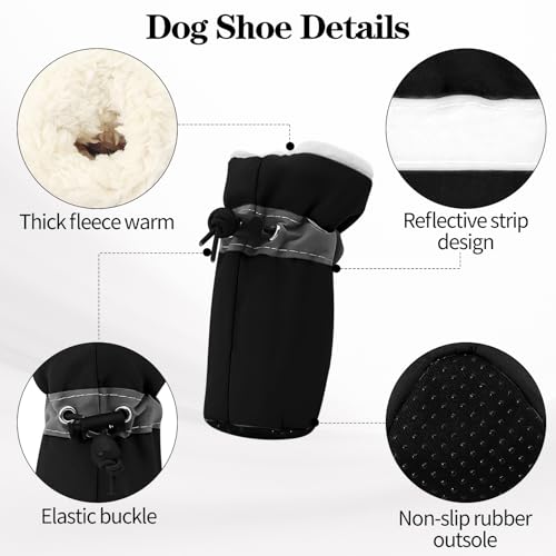 Hundeschuhe Winter, Plüsch Hundeschuh Pfotenschutz, Rutschfest Hunde Schuhe Winter Outdoor, Dog Shoes mit Reflektierendem Streifen, für Kleine-Mittlere Hunde Sport im Freien (Schwarz-Size 5)