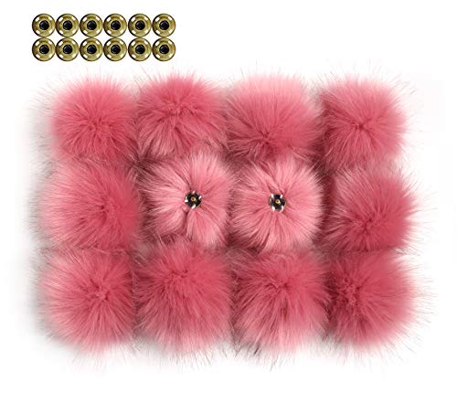 12pcs DIY Knitting Hats Accessires - Faux Fake Fur Pom Pom Ball with Press Button (Bean Red)