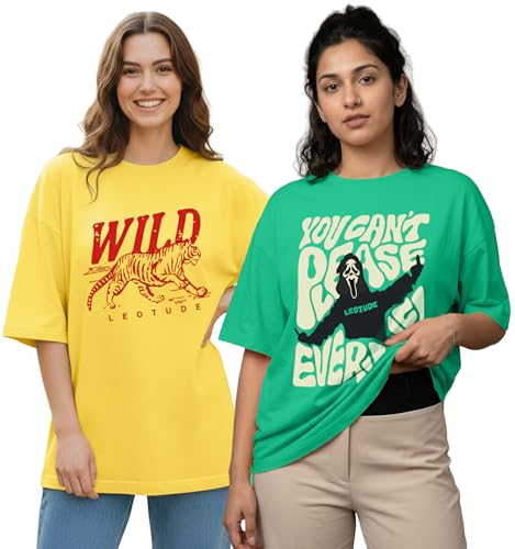 Image of LEOTUDE Womens Oversized Round Neck Cottonblend Half Sleeve T-Shirts (Colour: Multicolor)