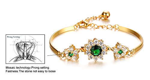 18K Yellow Gold Sparkling Green Rhinestone Halo Diamond Cut Aaa Cz Flower Bangle Bracelet For Women #TOP5