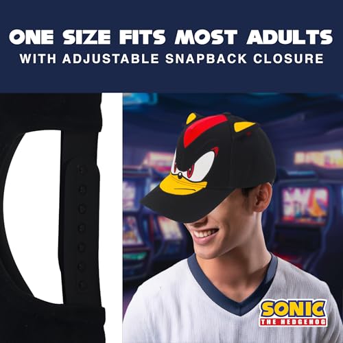 Image of Shadow The Hedgehog Baseball Cap, Adult Sonic Adjustable Snapback Hat with 3D Ears and Curved Brim, Black, One Size