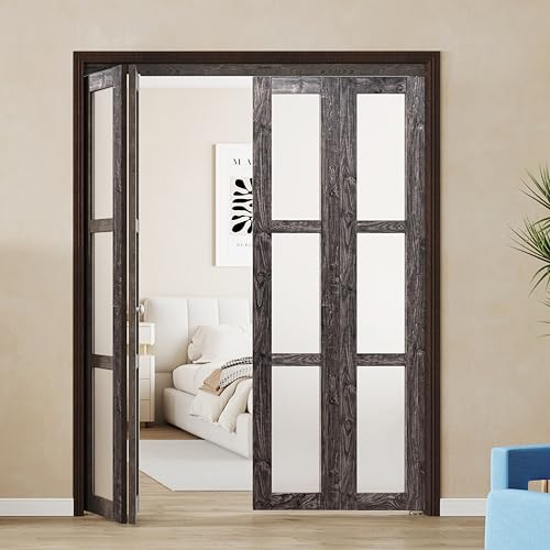 BARNER HOME Bi-Fold Doors, for 60'x 80' (Double 30' x 80' Doors) Opening, 3-lite Tempered Frosted Glass Panel, MDF, Ancient Wood Color