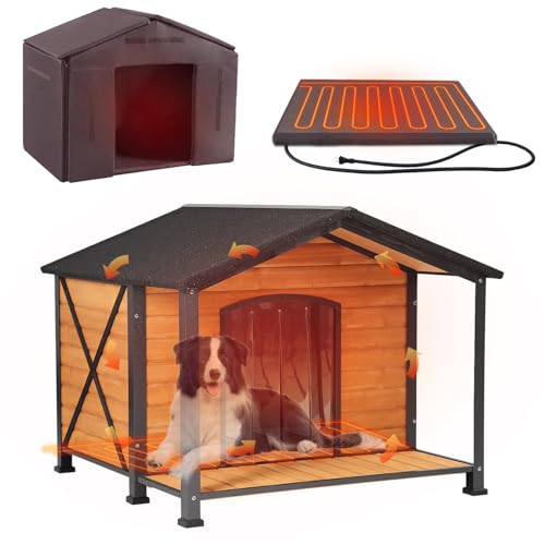 AIVITUVIN Heated Outdoor Dog House - Weatherproof Insulated Wooden Shelter with Iron Frame, Large Porch for Medium & Large Dogs, Indoor/Outdoor Kennel(XL)