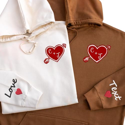 Custom Embroidered Couple Hoodies Sweatshirt, Custom Felt Embroidered Couple Matching Sweatshirt, Custom Letter Name On Left Sleeve, Couple Hoodie, Aniversary, Valentine, Christmas3