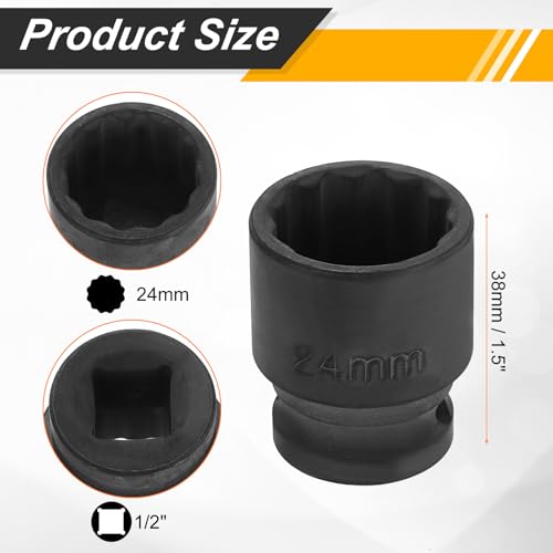Image of HARFINGTON 1 /2 inch Drive x 24mm Shallow Impact Socket 12-Point Metric CR-V Steel Spindle Nut Impact Flip Sleeve for Home Auto Nuts Bolts Repair
