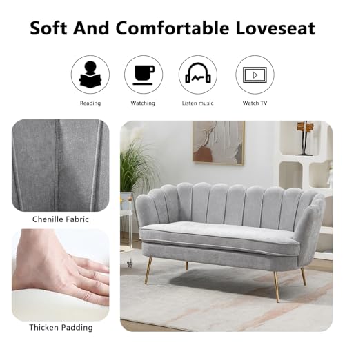 Anwick 59" Small Modern Chenille Loveseat Sofa, 2-Seater Sofa with Gold Metal Legs, Small Couch with Flower Shaped Back for Living Room Bedroom Office (Light Gray) - Thumbnail 4