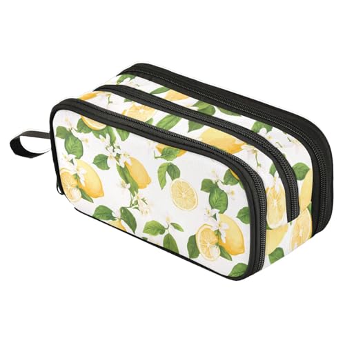 Image of Fustylead Fresh Summer Lemons Leaves Floral Large Pencil Pen Case Stationery Bag, 3 Compartments School College Office Desk Organizer Storage Pouch Marker for Teen Boys Girls Students