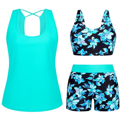 Arolina Bathing Suits for Women Over 50 Modest 3 Piece Swimsuits Tankini Bathing Suit with Tankini Tops Swimming Suits XL Blue Flowers