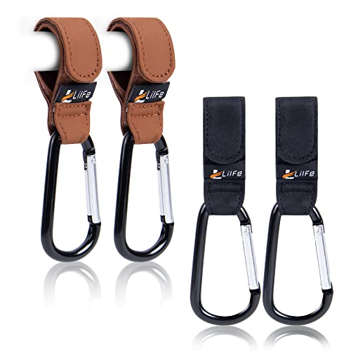 Image of 4 Pack Baby Stroller Hooks for Hanging | Multipurpose Stroller Straps with Durable and Stylish Stroller Clips for Diaper Bags | The Perfect Mummy Hook for Stroller, Walker and Shopping (Brown & Black)