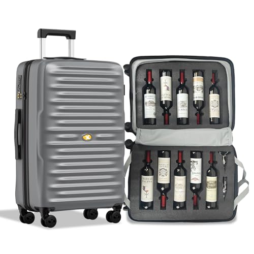 SERABETTO Wine Suitcase, 10 Bottle Wine Luggage, Durable Wine Travel Case, Fly With Wine Suitcase with TSA Lock, Versatile Wine Carrier with Removable Inserts and Silent Spinner Wheels（Silver）
