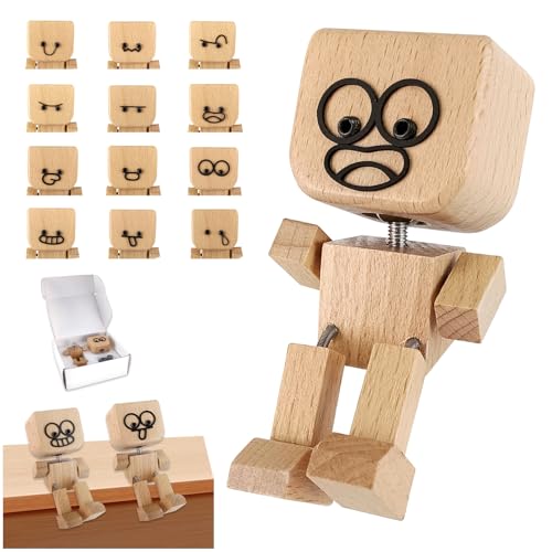 Hlayshing Wackelnder Holzmann Wackelfigur Auto Holzmann mit 12 Magnetischen Gesichtsausdrücken Schüttelmann Aus Holz Wackelnde Holzfigur Holz-Dekoration für Schreibtisch Geschenke für Männer