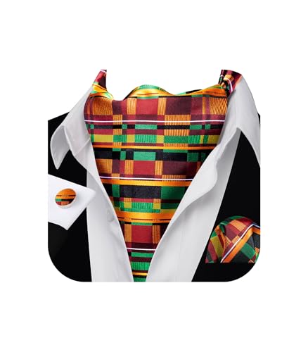 Image of Barry.Wang Ascot Ties Cravat Tie Men Paisley Plaid Scarf Self Tie Pocket Square Cufflinks Set Wedding Party