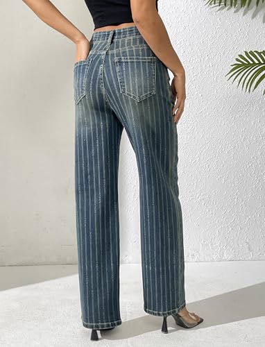 Women's Rhinestone Striped Jeans Wide Straight Leg Pants High Waist Stretch Denim Trouser 2025 Jeans3