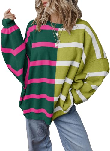 Image of EVALESS Womens Striped Sweaters Long Sleeve Cable Knitted Color Block Casual Loose Lightweight Oversized Sweaters Pullover