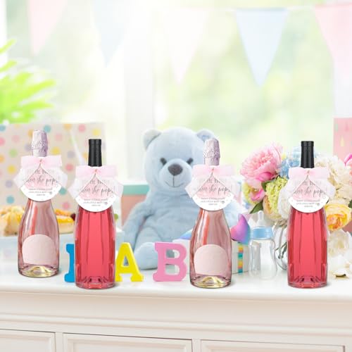 MotiMind 50 Set Pop Bottle Tags, Champagne Baby Shower Favor Labels When Pops Tags with Bows and Ribbon for Party Guest Gifts(Pink)