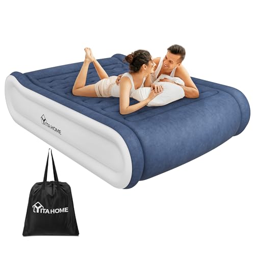 YITAHOME 2x1,5m Deluxe Luftmatratze Selbstaufblasend 2 Personen, Luftbett mit Integriertem Kissen & Eingebauter Elektrischer Pumpe, Aufblasbare Bett mit Tasche für Gäste Heimgebrauch, Blau & Weiß
