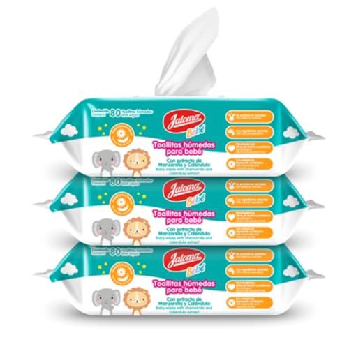 Image of JALOMA Baby Wipes with Chamomile and Calendula Extract, Hypoallergenic and Paraben Free, Pack of 3, 80 Wet Wipes Each (240 Count)