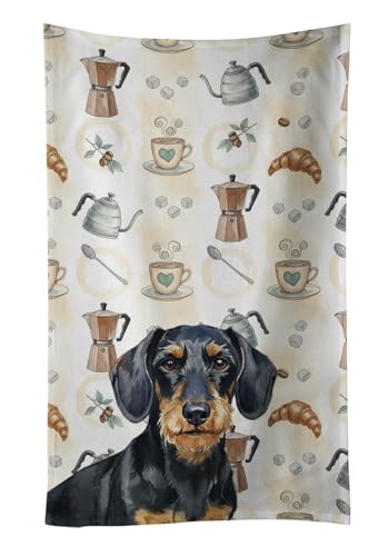 Caroline's Treasures Wirehaired Black and Tan Dachshund Coffee Bar Kitchen Towel Velour Plush Front and Cotton Loop Back Machine Washable