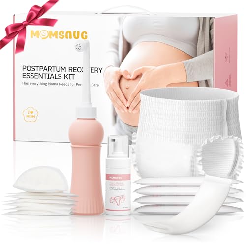 Image of Momsnug Postpartum Recovery Essentials Kit, Labor Delivery Mom Care Kit Includes Peri Bottle, Self-Absorbent Disposable Underwear, Perineal Ice Packs, Disposable Nursing Pads, Cooling Foam, Canvas Bag