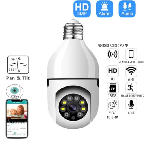 Câmera Segurança Ip Wifi Lâmpada 360° Inteligente Com Aúdio Prova D'água Giratória Visão Noturna In