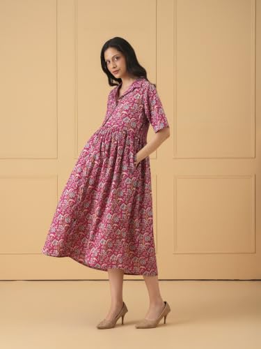 Image of The Mom Store Maternity and Nursing Dress | Pre and Post Pregnancy Dress for Womens | Zipper /Button Opening | Causal Wear | Trendy Stylish Causal Dresses for New Moms