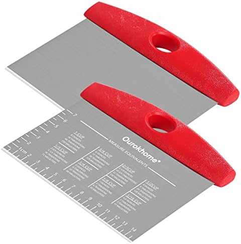 Ourokhome Bench Dough Kitchen Scraper Knife, Stainless Steel Pizza Cutter for Baking, Bread with Anti-Wear Laser-Engraved Measuring Scale and Conversion Chart, Dishwasher Safe, 2 Pack, Red